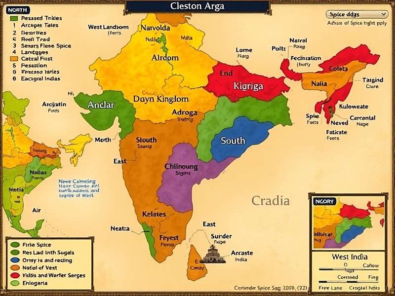 Coriander Saga Spice Wars - Regional Spice Kingdoms Coriander Saga Spice Wars regional maps showing North, South, East, and West India spice kingdoms with unique landscapes