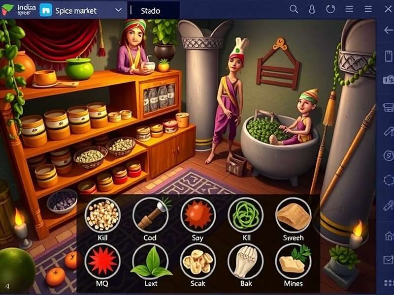 Coriander Saga Spice Wars - Main Game Screen Coriander Saga Spice Wars Main Interface showing Indian spice market with various spices and characters
